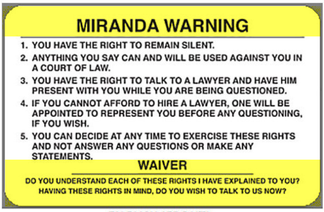 The 5th Amendment to the United States Constitution guarantees you the right to remain silent. Name and address are all you must give. Miranda Warning