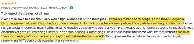 Review of Cory Yager as a DUI defense attorney