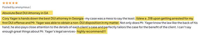 AVVO rating for Cory E. Yager posted under Mr. Yager's biographical profile.